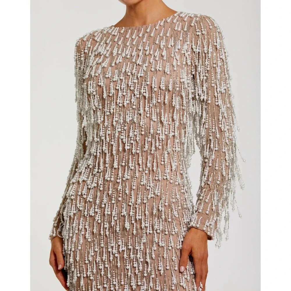Mac Duggal Beige Long Sleeve Midi Dress With Embellished Fringe $898 - Size‎ 12